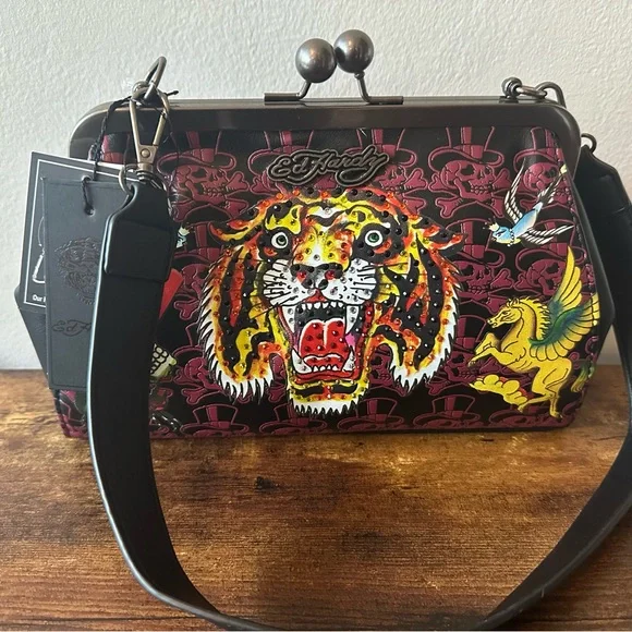Ed Hardy Bag with Rhinestone Tiger, Skull & Bird Design Vegan Leather Purse NWT - Picture 6 of 8